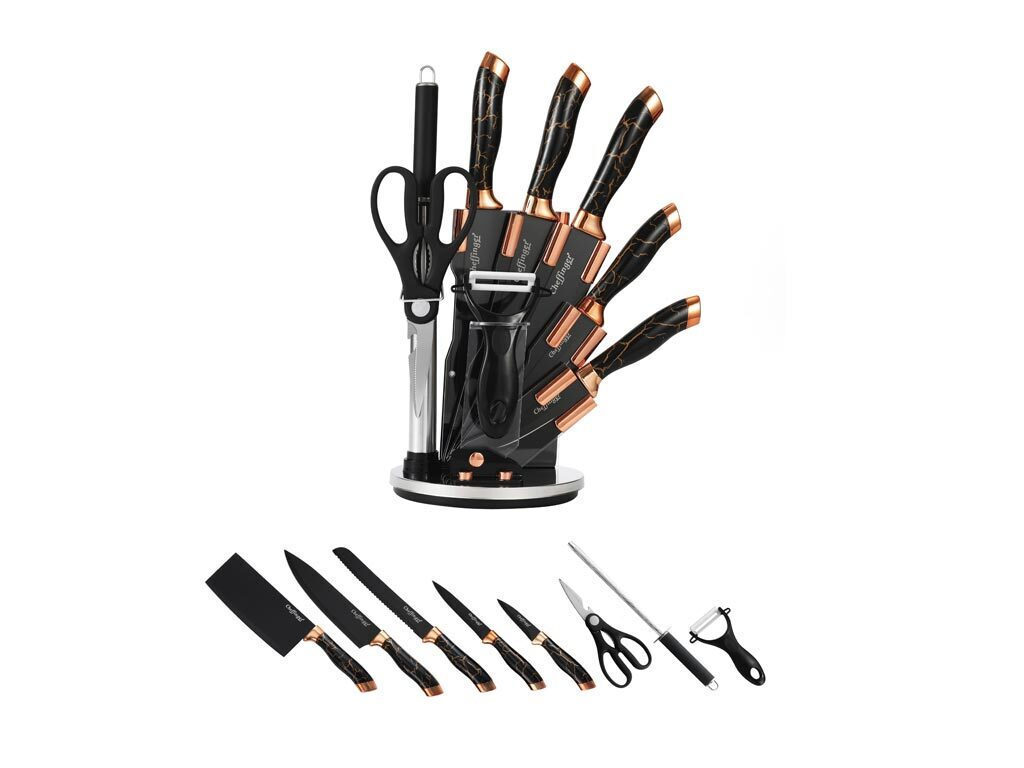 Set 9 Couteaux Cheffinger Marbre Or Noir - Bloc Support Aiguiseur Complet