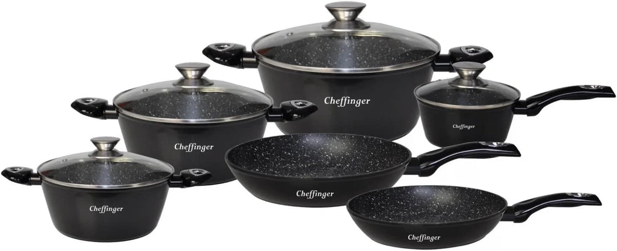 Batterie Cuisine Cheffinger 10 Pièces Marbre - Induction Antiadhésif Sans PFOA