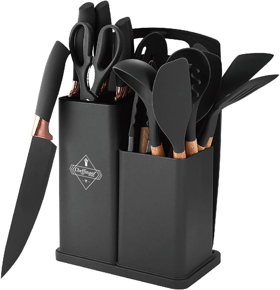 Set Couteaux Cheffinger 19 Pièces Noir Cuivre - Bloc Bois Ustensiles Complet