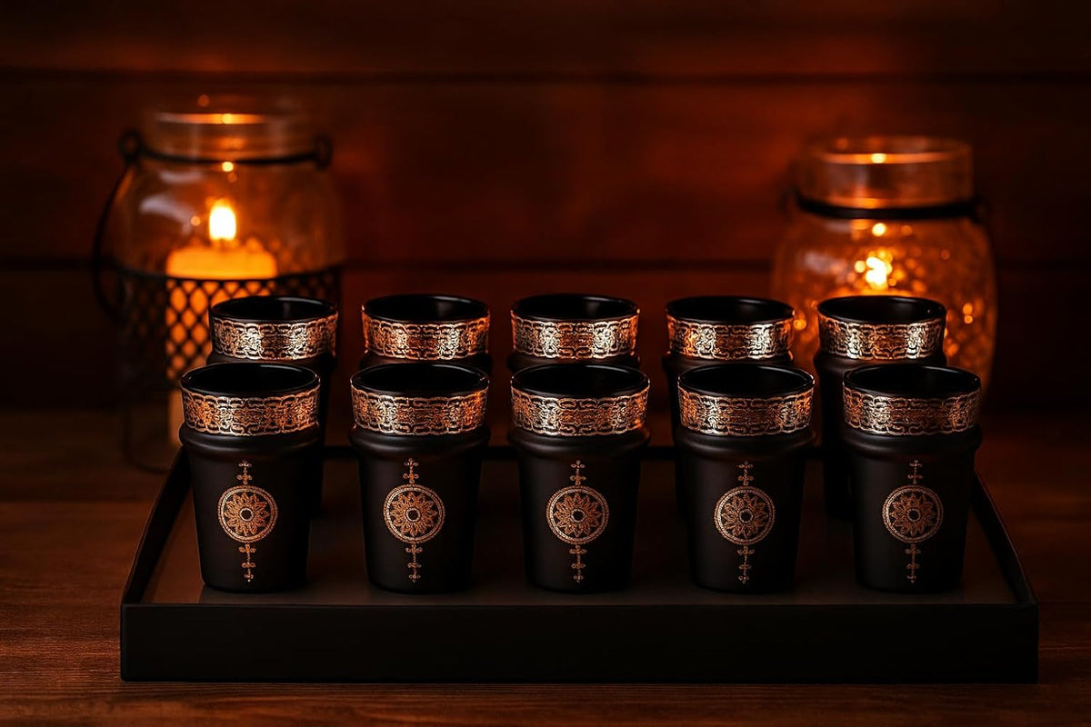 Set de 12 Verres à Thé Marocains Noir et Cuivre - Style Oriental Traditionnel