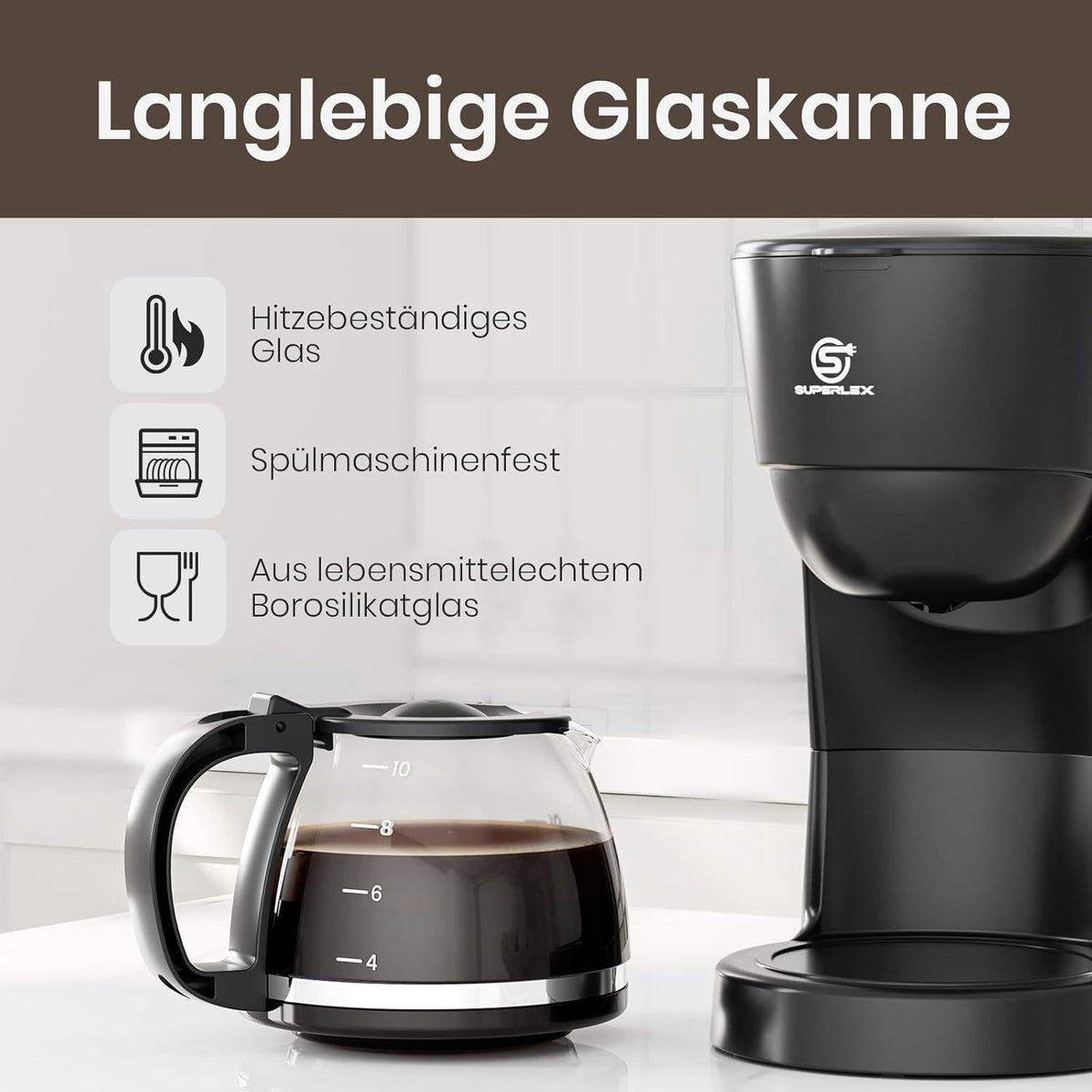 Cafetière Filtre SUPERLEX 1,25L 10 Tasses Noire - Arrêt Auto 600W Verseuse Verre