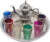 Service à Thé Marocain Complet, Théière avec Pieds 400 ml, Plateau avec Pieds Diamètre 32 cm et 6 Verres Colorés