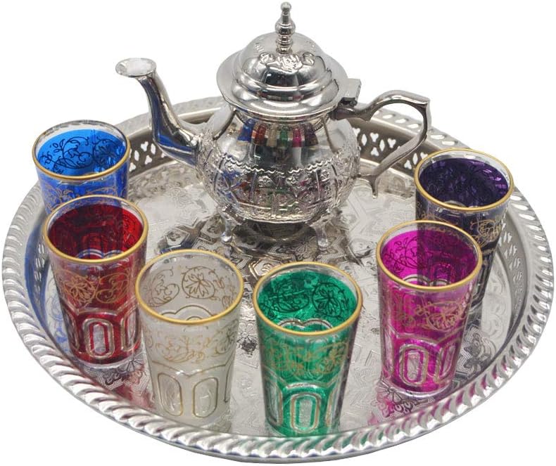 Service à Thé Marocain Complet, Théière avec Pieds 400 ml, Plateau avec Pieds Diamètre 32 cm et 6 Verres Colorés
