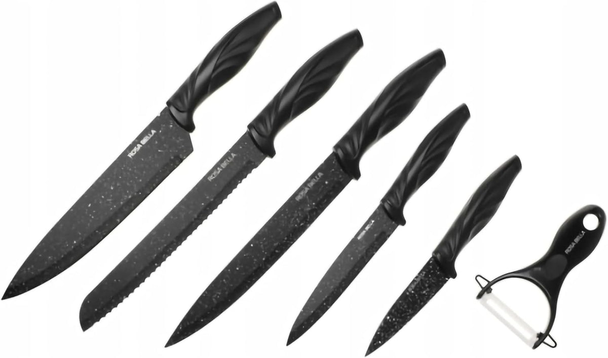 Set de 6 Couteaux de Cuisine en Acier Inoxydable, Revêtement Marbre Antiadhésif, Couteaux Noirs, 6 Couteaux Ultra Tranchants, Ustensiles de Cuisine, Éplucheur