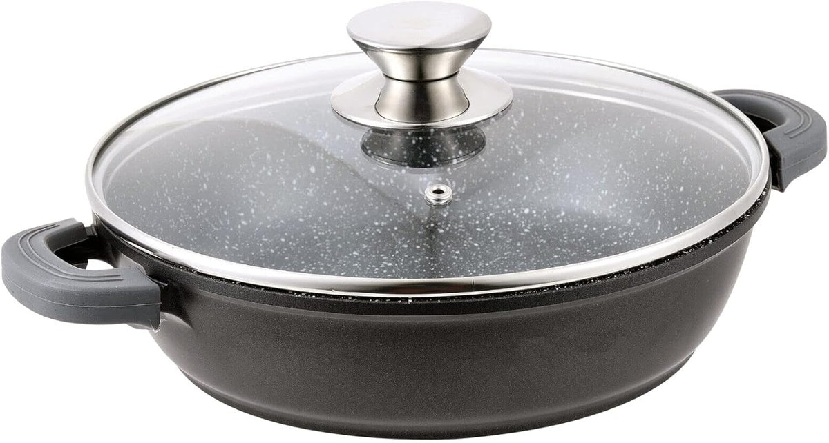 Poêle à Frire Induction 32 cm avec Couvercle Verre - Revêtement Marbre Antiadhésif