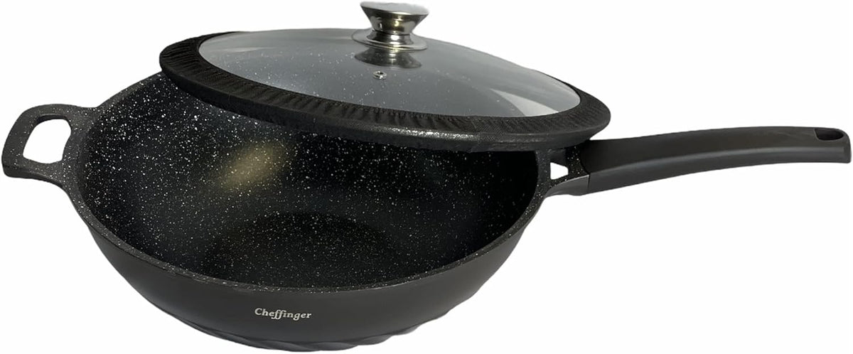 Wok Cheffinger 32cm avec Couvercle Verre - Revêtement Marbre Induction