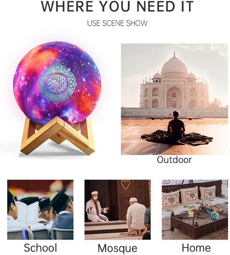 Lampe Lune Coran Haut-Parleur LED 3D - 14 Langues Télécommande USB Rechargeable