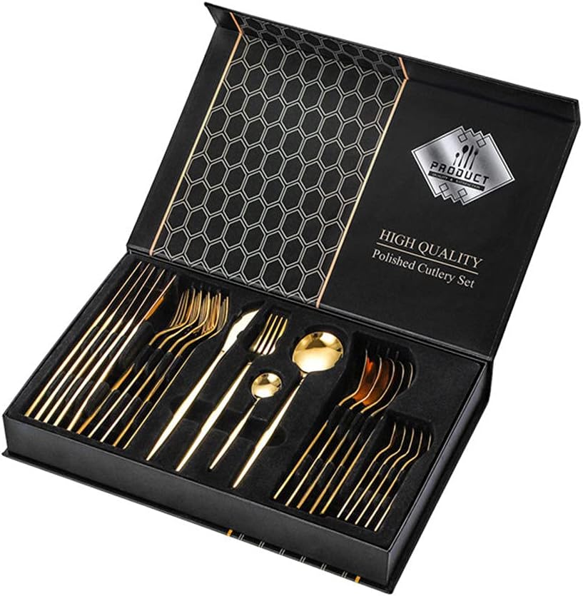 Set de Couverts 24 Pièces en Acier Inoxydable, Polissage Miroir, Service de Table Polyvalent pour Maison et Cuisine, Coffret Cadeau - Or