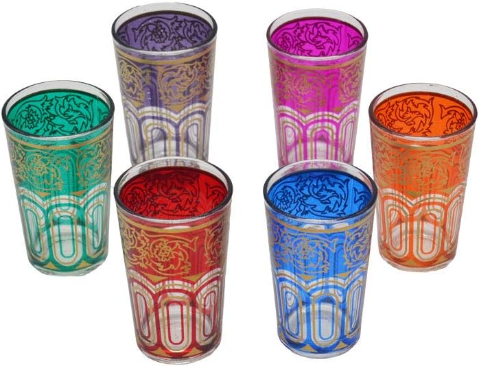 Service à Thé Marocain Complet, Théière avec Pieds 400 ml, Plateau avec Pieds Diamètre 32 cm et 6 Verres Colorés