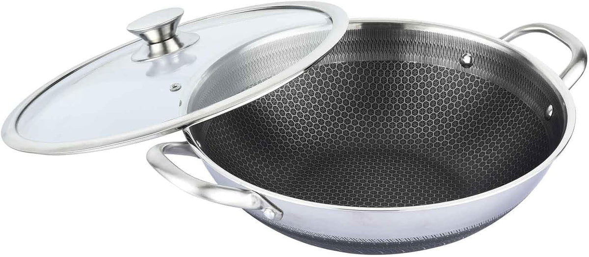 Wok en Acier Inoxydable 36 cm Antiadhésif avec Couvercle en Verre - Compatible Induction et Four