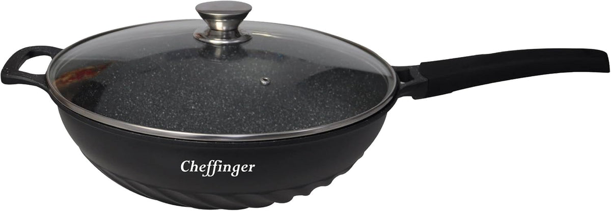 Wok Cheffinger 32cm avec Couvercle Verre - Revêtement Marbre Induction