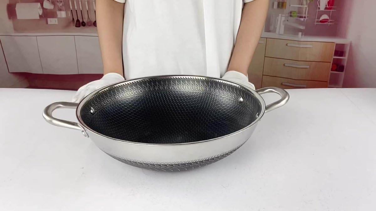 Wok Cheffinger en Acier Inoxydable avec Couvercle en Verre, Structure Nid d'Abeille, Revêtement Antiadhésif, Compatible Induction