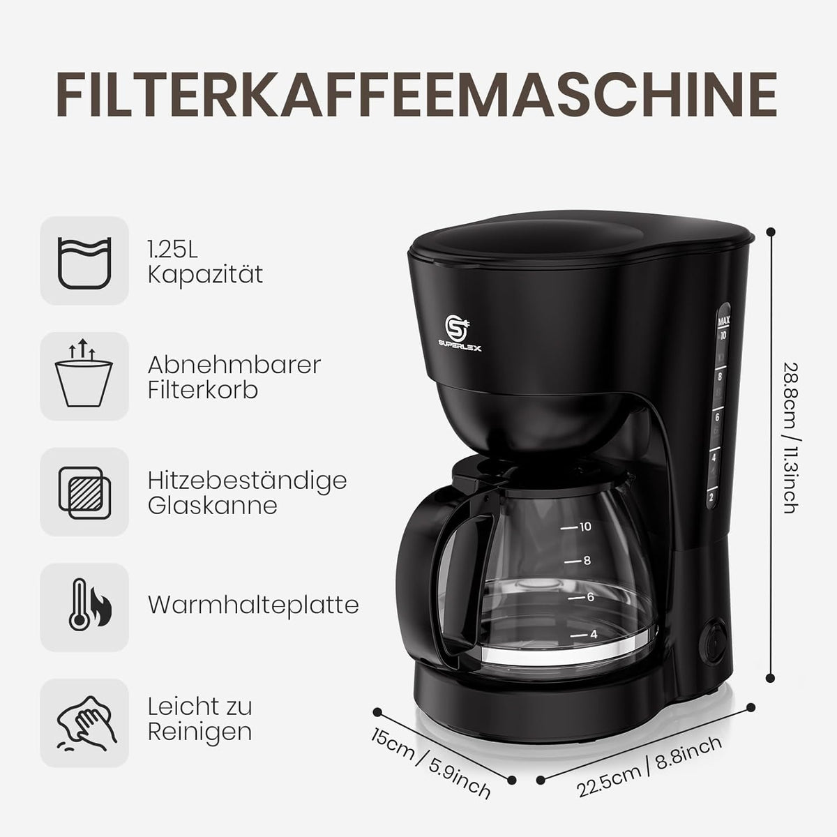 Cafetière Filtre SUPERLEX 1,25L 10 Tasses Noire - Arrêt Auto 600W Verseuse Verre