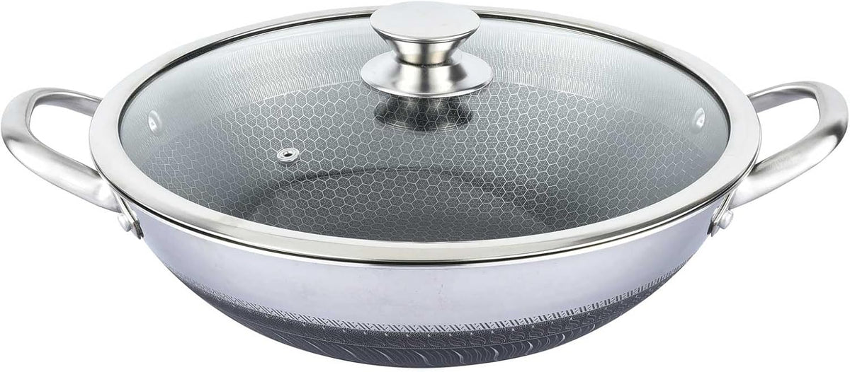 Wok en Acier Inoxydable 36 cm Antiadhésif avec Couvercle en Verre - Compatible Induction et Four
