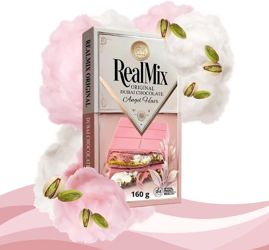 Chocolat Dubai RealMix 160g Rose - Pistache Angel Hair Barbe à Papa - Made in UAE