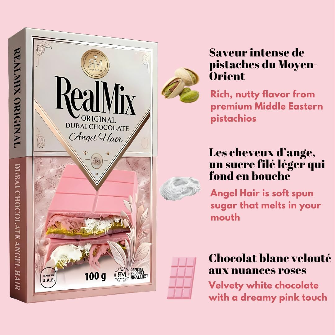 Chocolat Dubai RealMix 160g Rose - Pistache Angel Hair Barbe à Papa - Made in UAE
