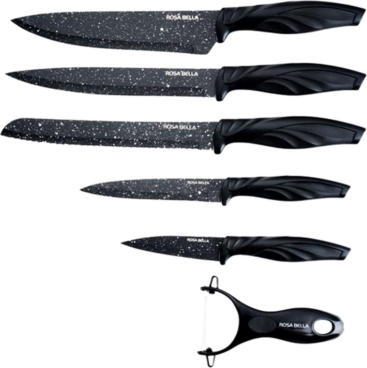 Set de 6 Couteaux de Cuisine en Acier Inoxydable, Revêtement Marbre Antiadhésif, Couteaux Noirs, 6 Couteaux Ultra Tranchants, Ustensiles de Cuisine, Éplucheur