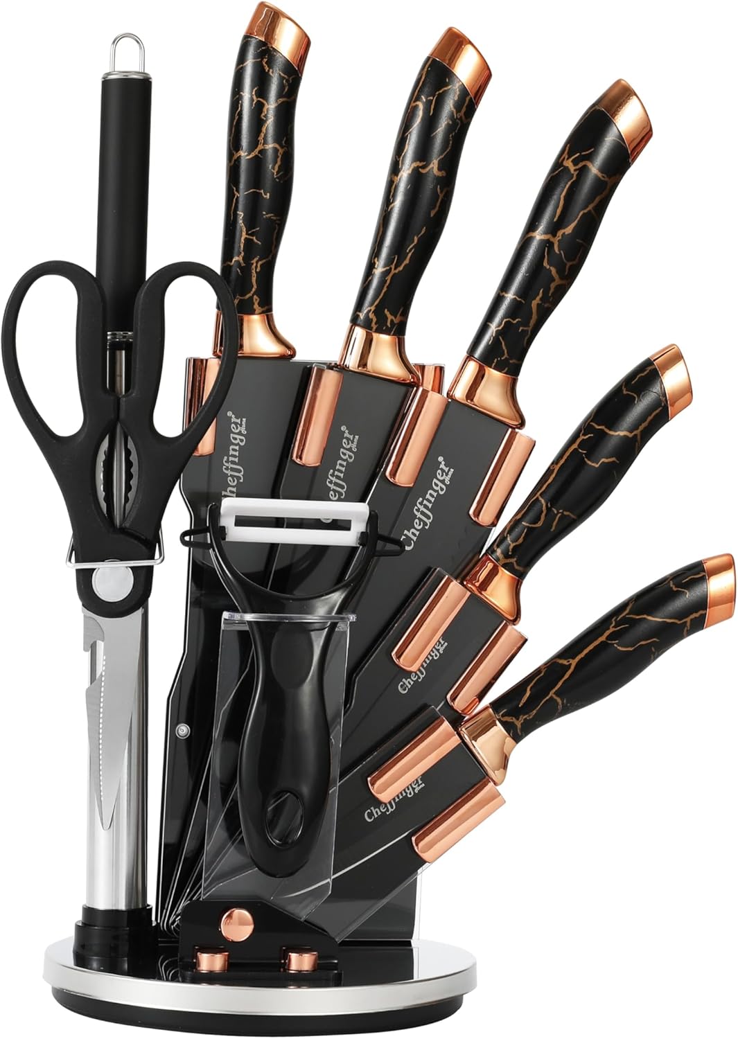 Set 9 Couteaux Cheffinger Marbre Or Noir - Bloc Support Aiguiseur Complet