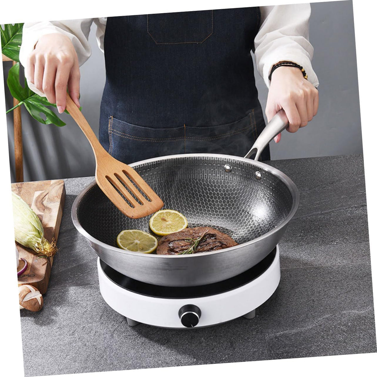 Wok Zerodeko Acier Inoxydable 34cm - Structure Nid d'Abeille Antiadhésif Induction