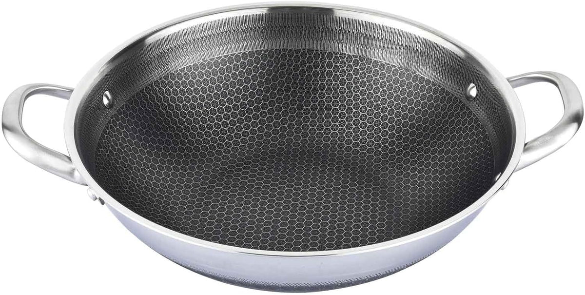 Wok en Acier Inoxydable 36 cm Antiadhésif avec Couvercle en Verre - Compatible Induction et Four
