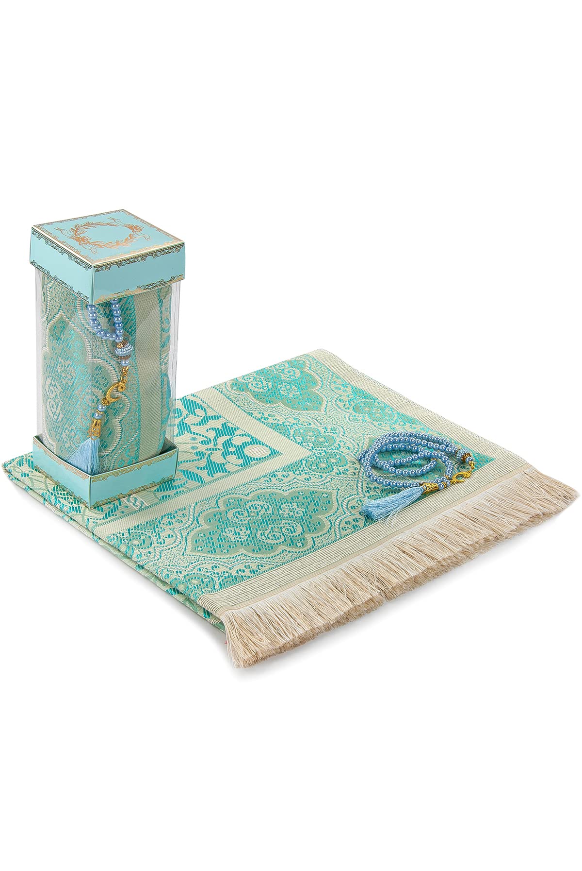 Ihvan Online Muslim Prayer Mat with Stylish Design Gift Box | Janamaz | Sajadah | Taffeta Fabric Prayer Mat, White