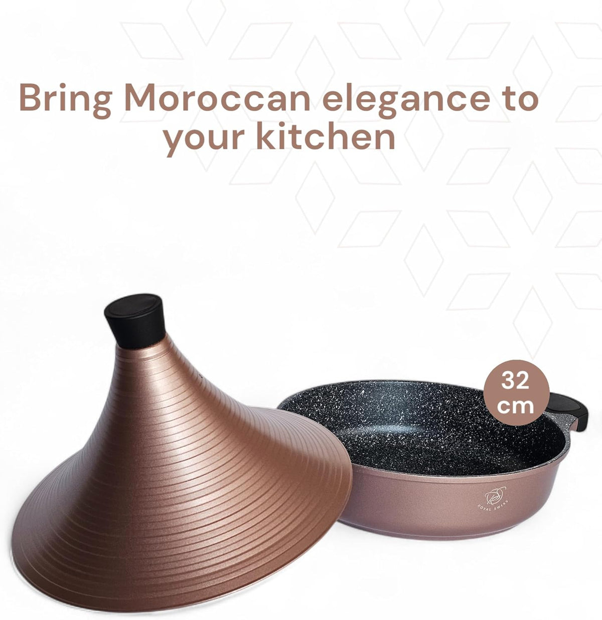 Royal Swiss Tajine Marocaine 32 cm en Aluminium – Compatible Tous Feux Dont Induction – Revêtement Antiadhésif – Couvercle Conique – Couleur Rose Gold