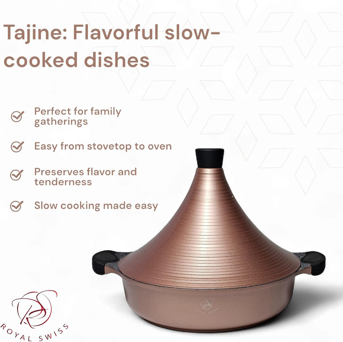 Royal Swiss Tajine Marocaine 32 cm en Aluminium – Compatible Tous Feux Dont Induction – Revêtement Antiadhésif – Couvercle Conique – Couleur Rose Gold