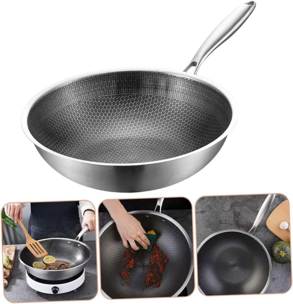 Wok Zerodeko Acier Inoxydable 34cm - Structure Nid d'Abeille Antiadhésif Induction