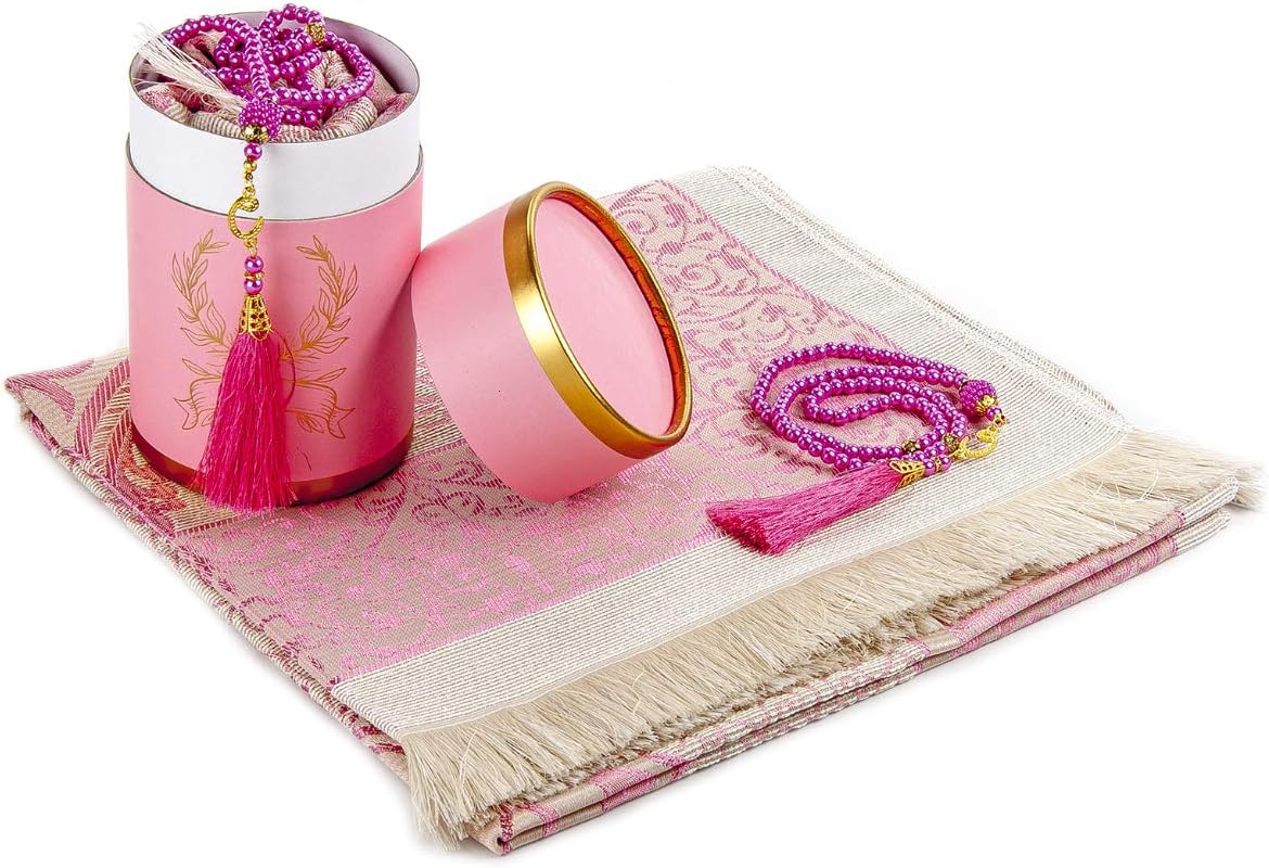Tapis de Prière Musulman Rose avec Chapelet et Boîte Cadeau Élégante - Sajjadah Taffetas Doux 116x69cm