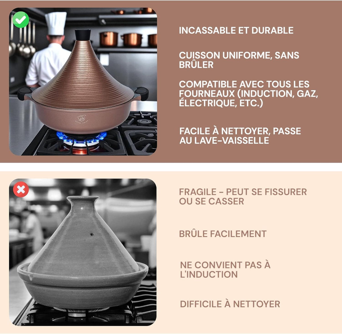 Royal Swiss Tajine Marocaine 32 cm en Aluminium – Compatible Tous Feux Dont Induction – Revêtement Antiadhésif – Couvercle Conique – Couleur Rose Gold