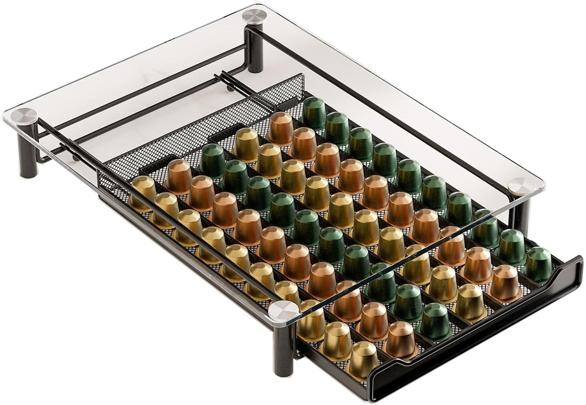 Tiroir Rangement Capsules Nespresso CHEFFINGER 60 - Verre Trempé Noir Métal