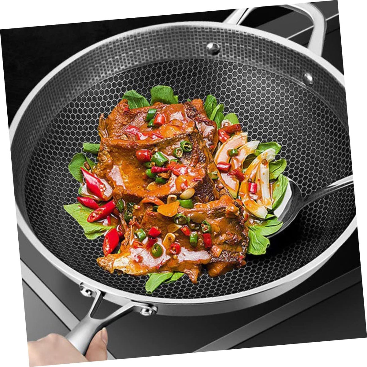 Wok Zerodeko Acier Inoxydable 34cm - Structure Nid d'Abeille Antiadhésif Induction