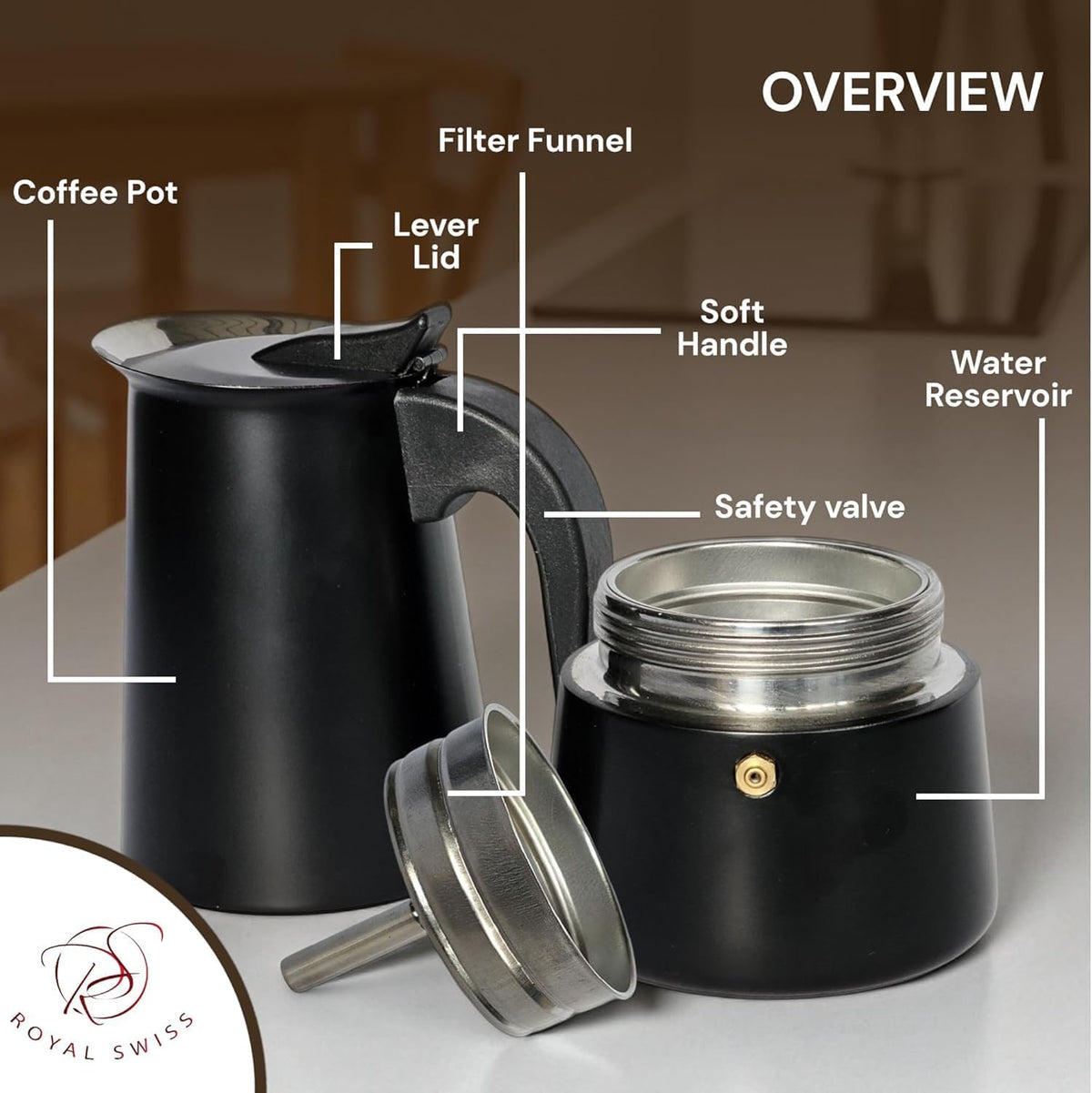 Cafetière Moka Italienne Royal Swiss 4 Tasses Noire - Compatible Induction