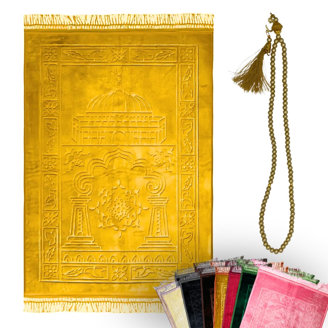 FriendFinds Soft Prayer Mat and Prayer Chain Set - Thick Soft Non Slip Waterproof Easy Care Elegant Prayer Mat with Prayer Chain - Tesbih | Sejjade/Seccade
