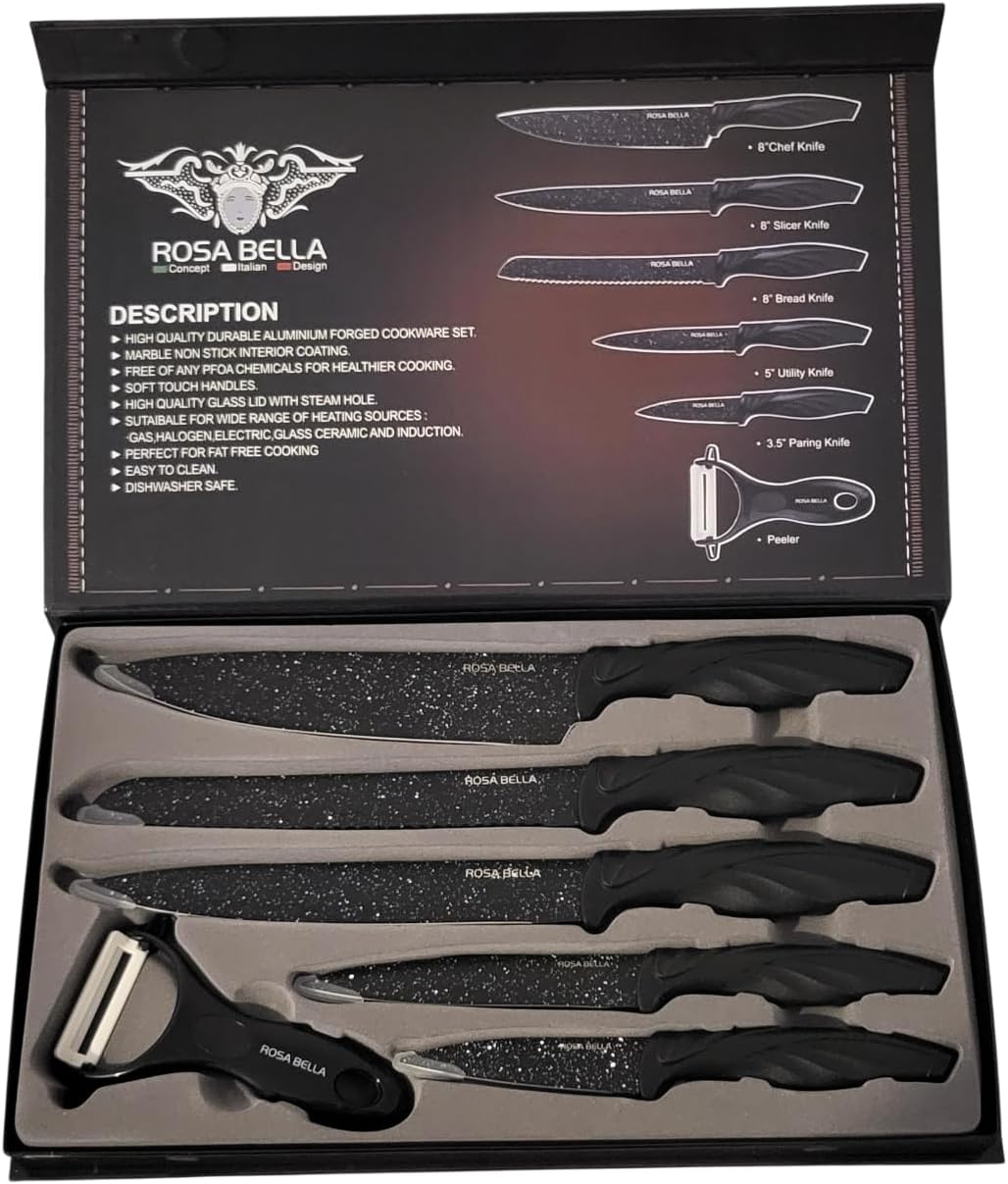 Set de 6 Couteaux de Cuisine en Acier Inoxydable, Revêtement Marbre Antiadhésif, Couteaux Noirs, 6 Couteaux Ultra Tranchants, Ustensiles de Cuisine, Éplucheur