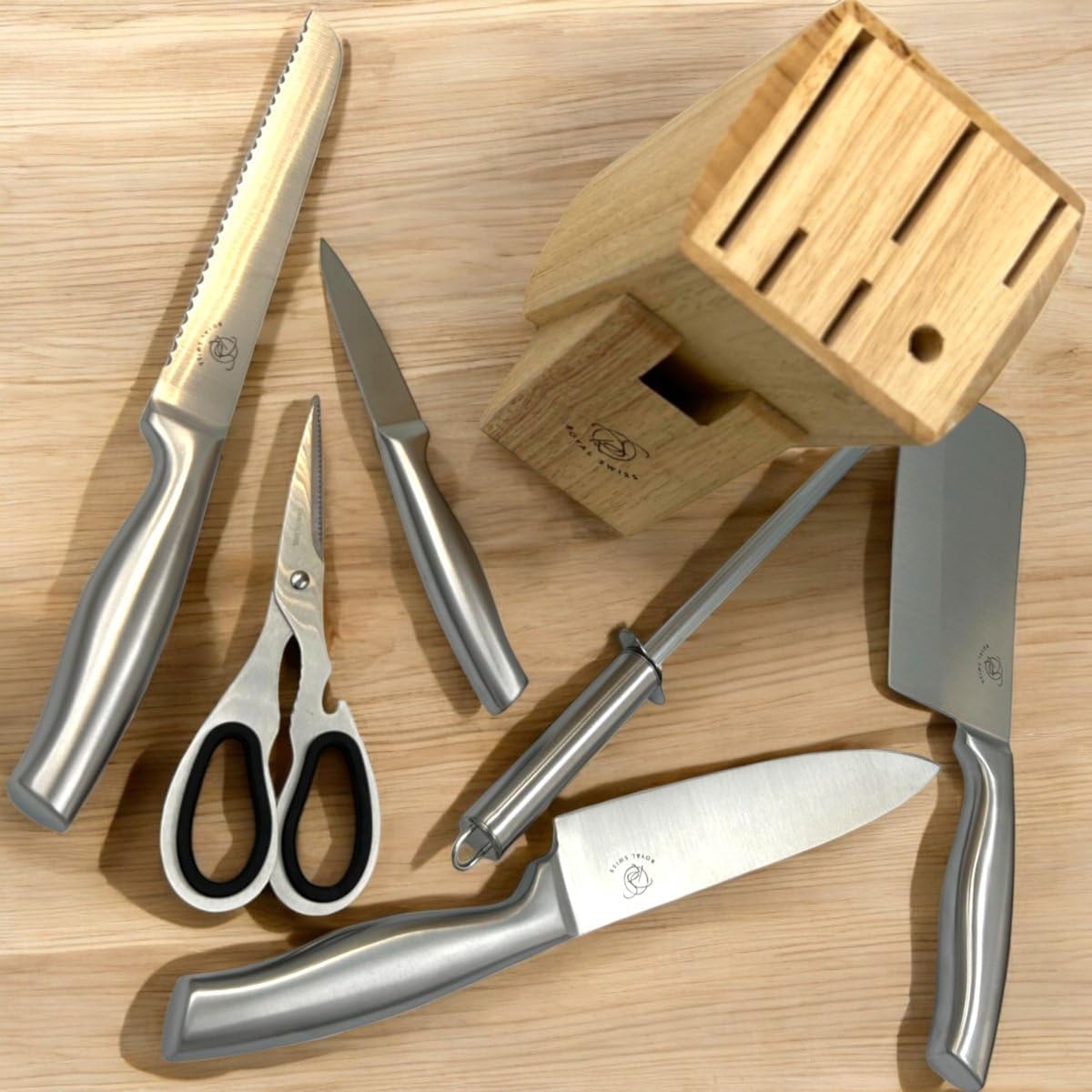 Set Couteaux Royal Swiss 7 Pièces Bloc Bambou - Acier Inoxydable Professionnel