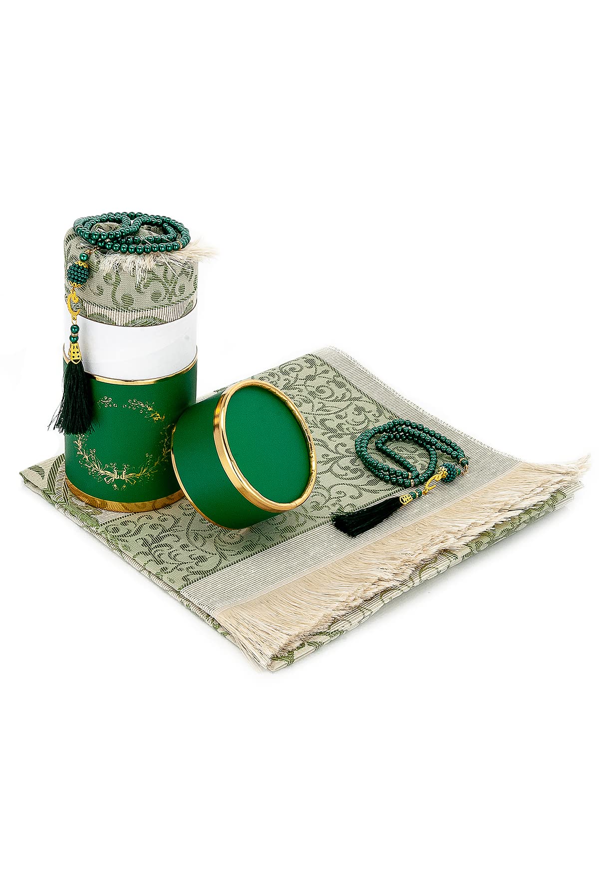 Muslim Prayer Mat and Beads with Elegant Cylindrical Gift Box | Janamaz | Sajjadah | Soft Islamic | Gift Set | Pink Taffeta