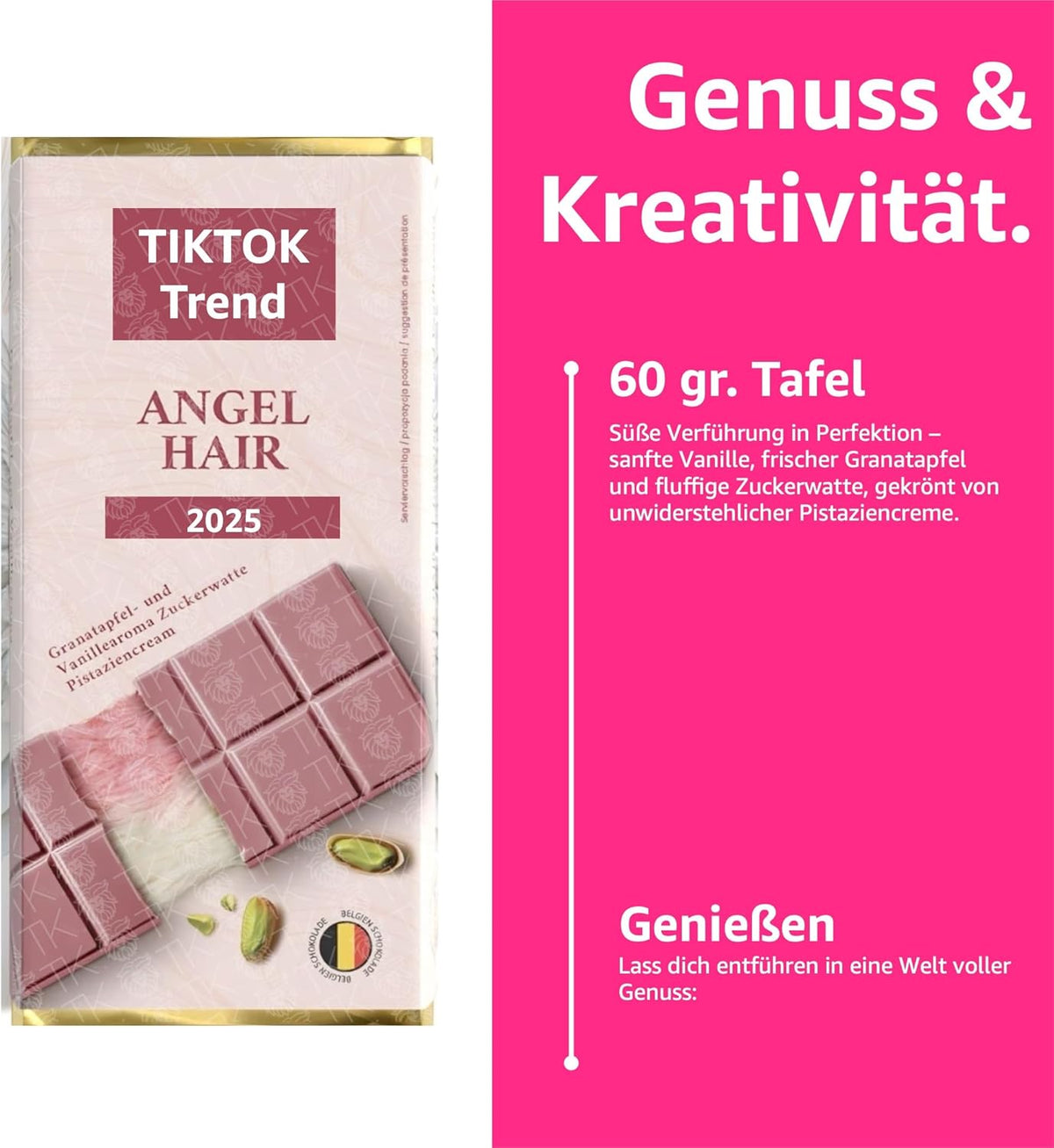 Chocolat Rose Angel Hair 60g - Grenade Vanille Pistache Barbe à Papa - Tendance TikTok