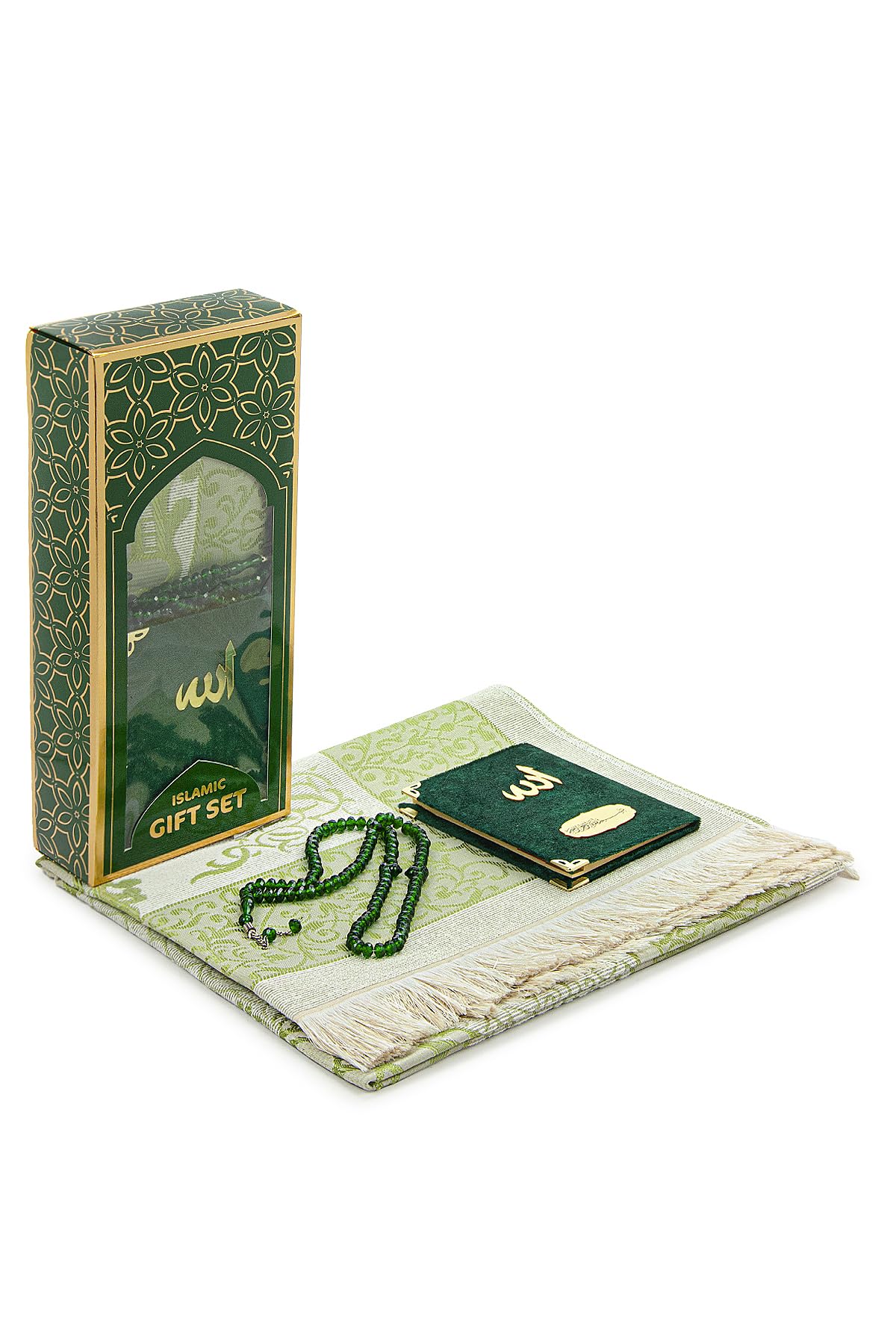 Muslim Prayer Mat and Beads with Elegant Cylindrical Gift Box | Janamaz | Sajjadah | Soft Islamic | Gift Set | Pink Taffeta