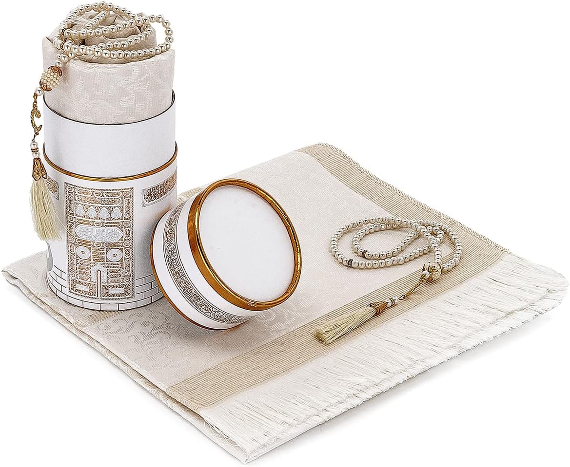 Ihvan Online Muslim Prayer Mat with Stylish Design Gift Box | Janamaz | Sajadah | Taffeta Fabric Prayer Mat, White