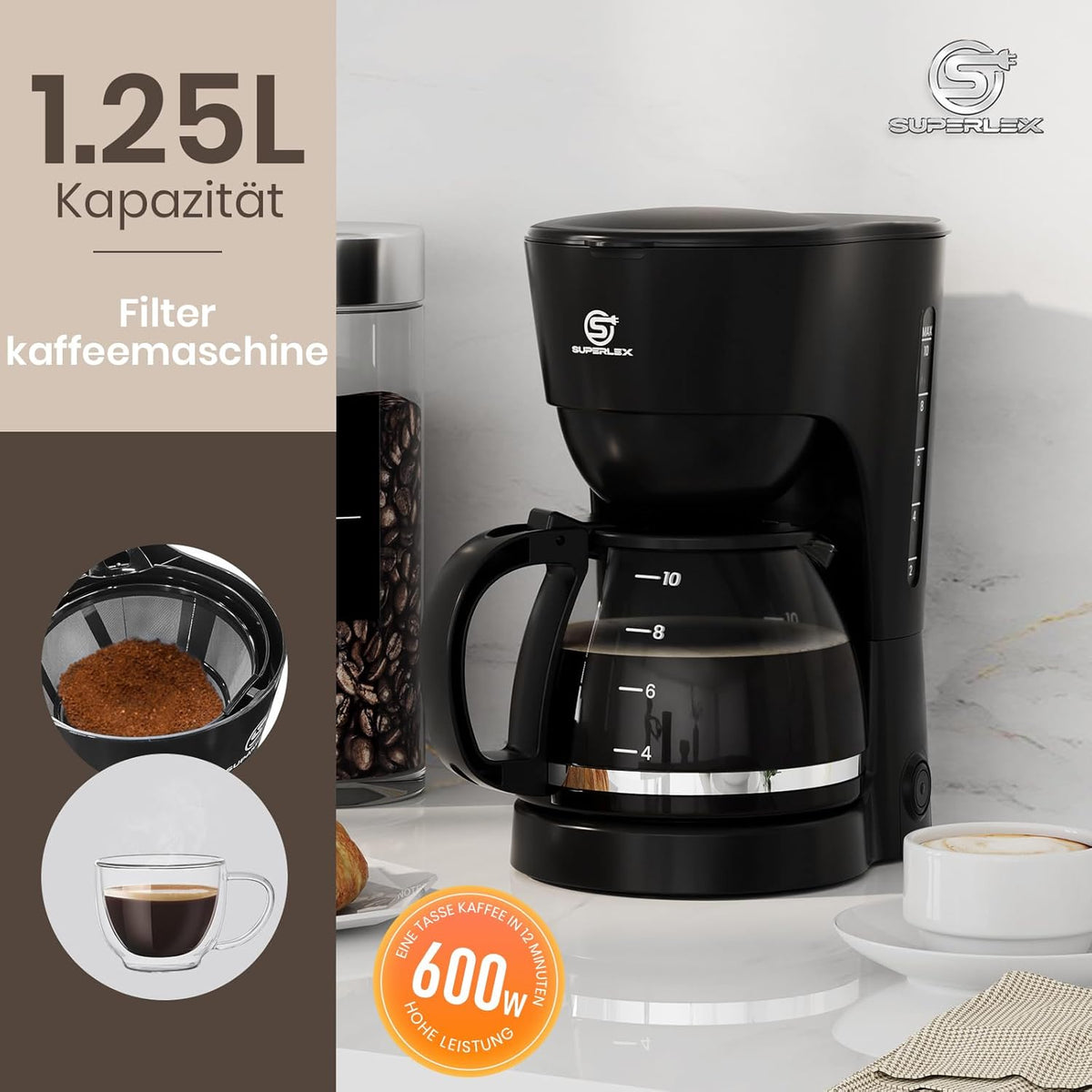 Cafetière Filtre SUPERLEX 1,25L 10 Tasses Noire - Arrêt Auto 600W Verseuse Verre