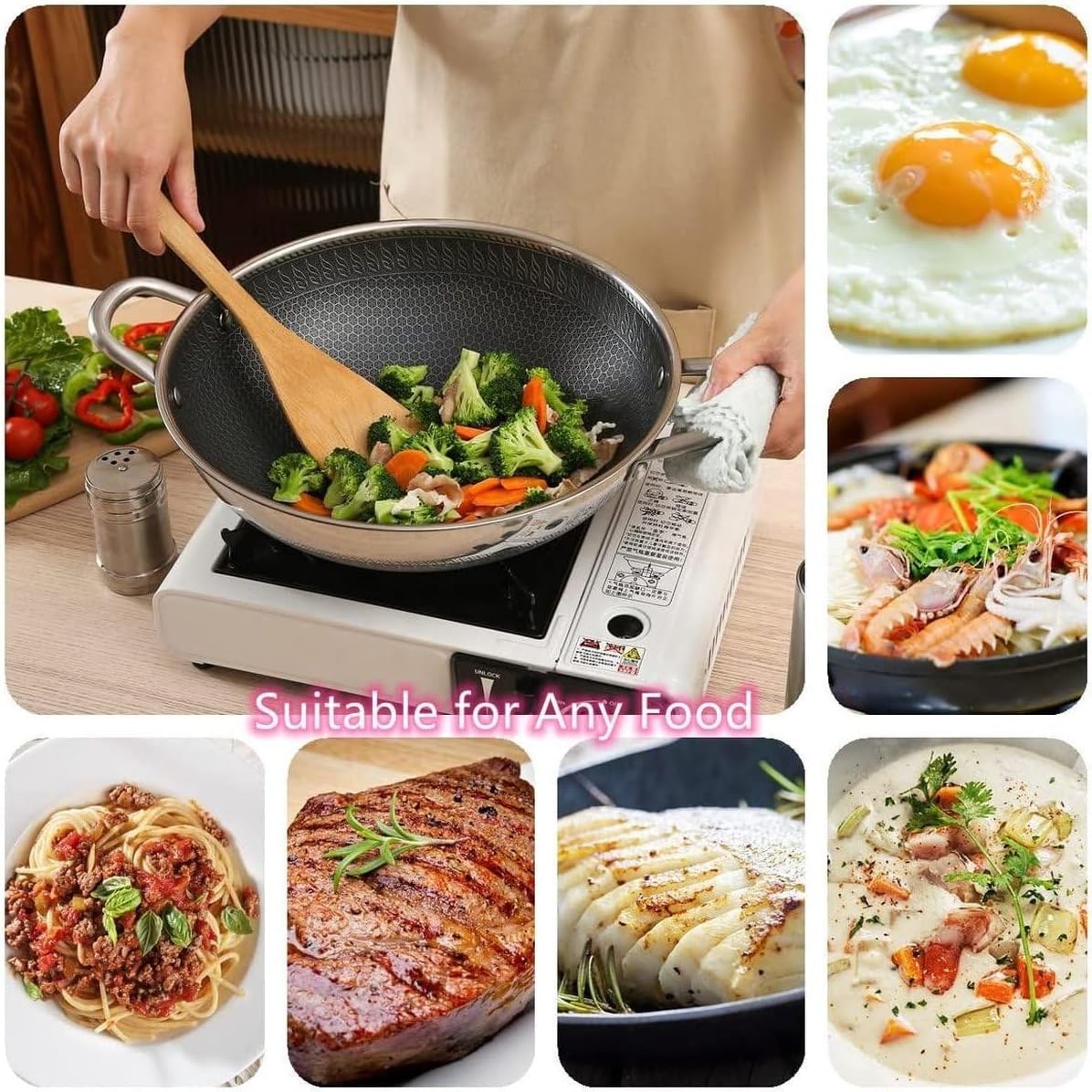 Wok Cheffinger en Acier Inoxydable avec Couvercle en Verre, Structure Nid d'Abeille, Revêtement Antiadhésif, Compatible Induction