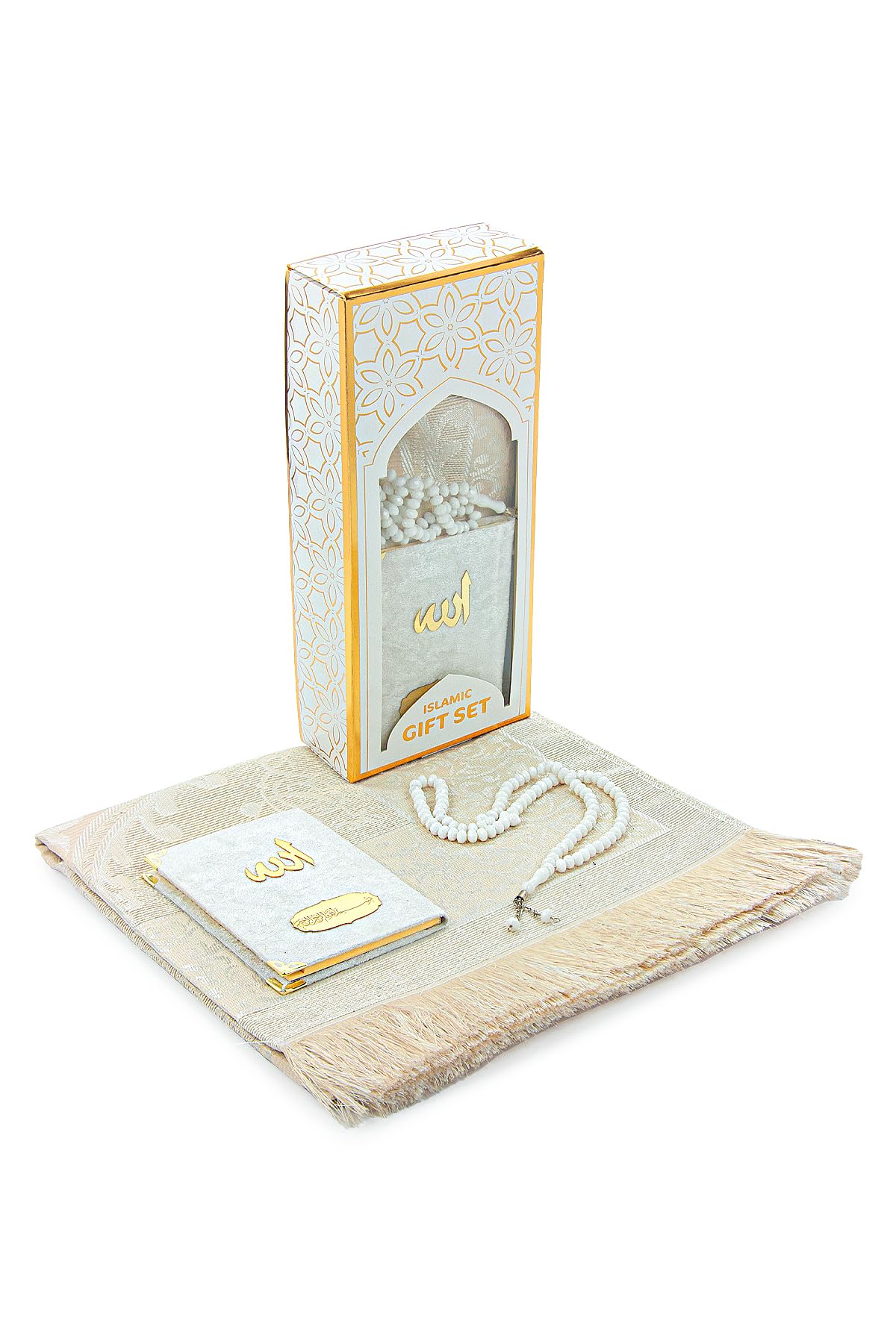 Ihvan Online Muslim Prayer Mat with Stylish Design Gift Box | Janamaz | Sajadah | Taffeta Fabric Prayer Mat, White