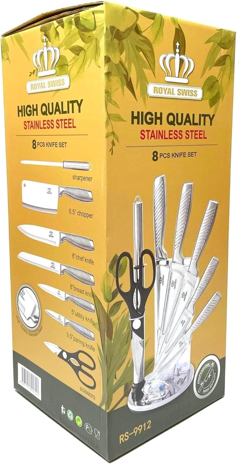 Set 8 Couteaux Royal Swiss Inox Argenté - Support Rotatif 360° Acrylique