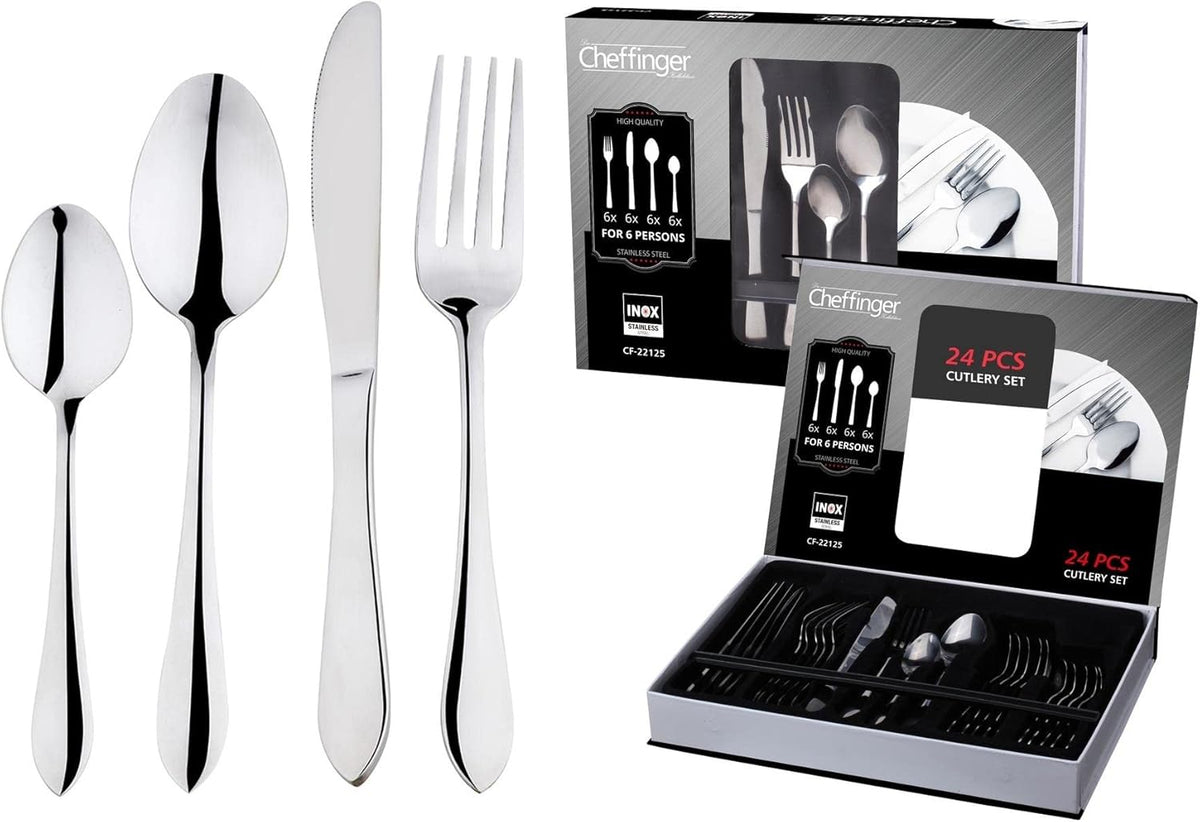 Set de Couverts Cheffinger pour 6 Personnes 24 Pièces en Acier Inoxydable 18/10