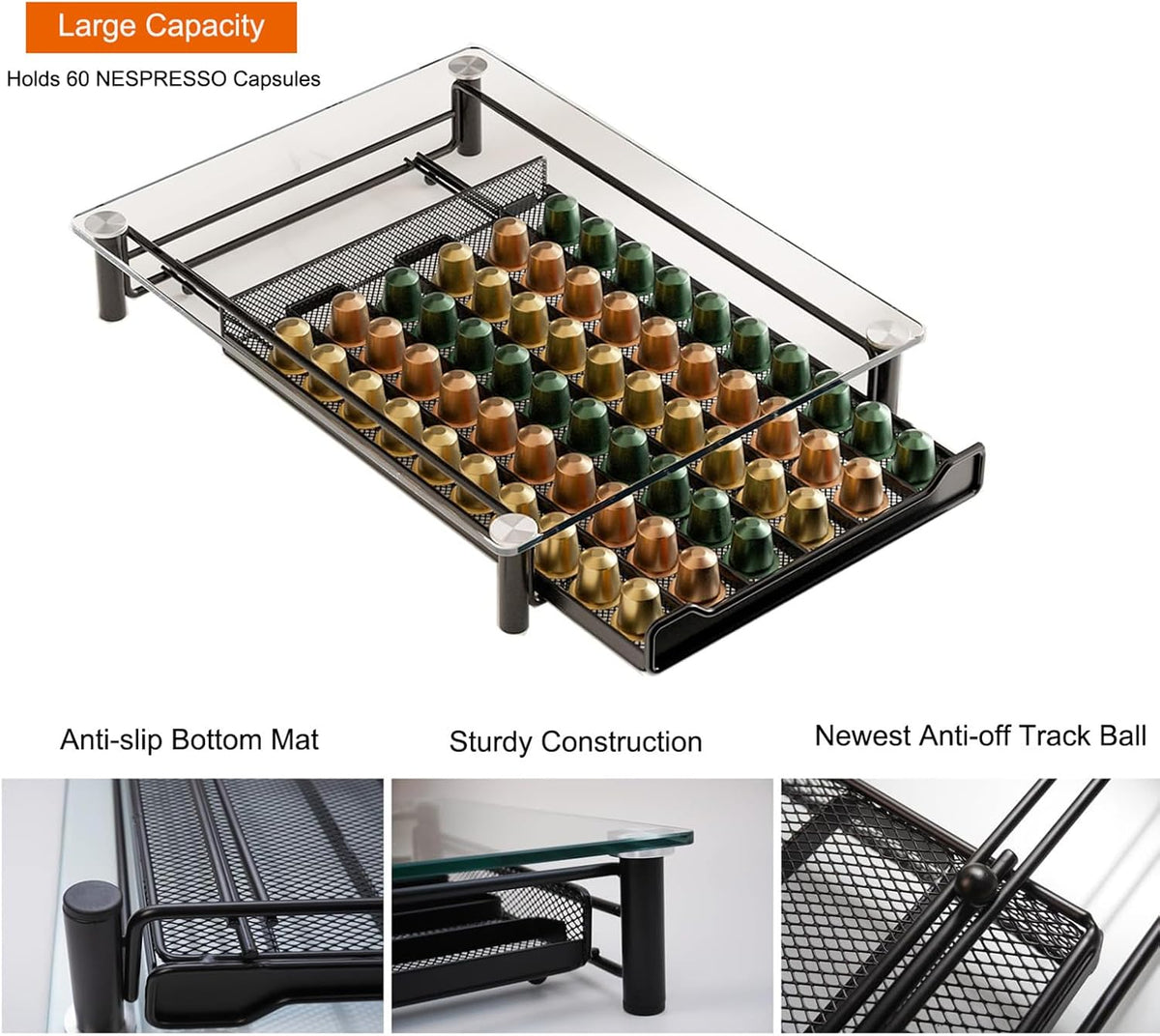 Tiroir Rangement Capsules Nespresso CHEFFINGER 60 - Verre Trempé Noir Métal