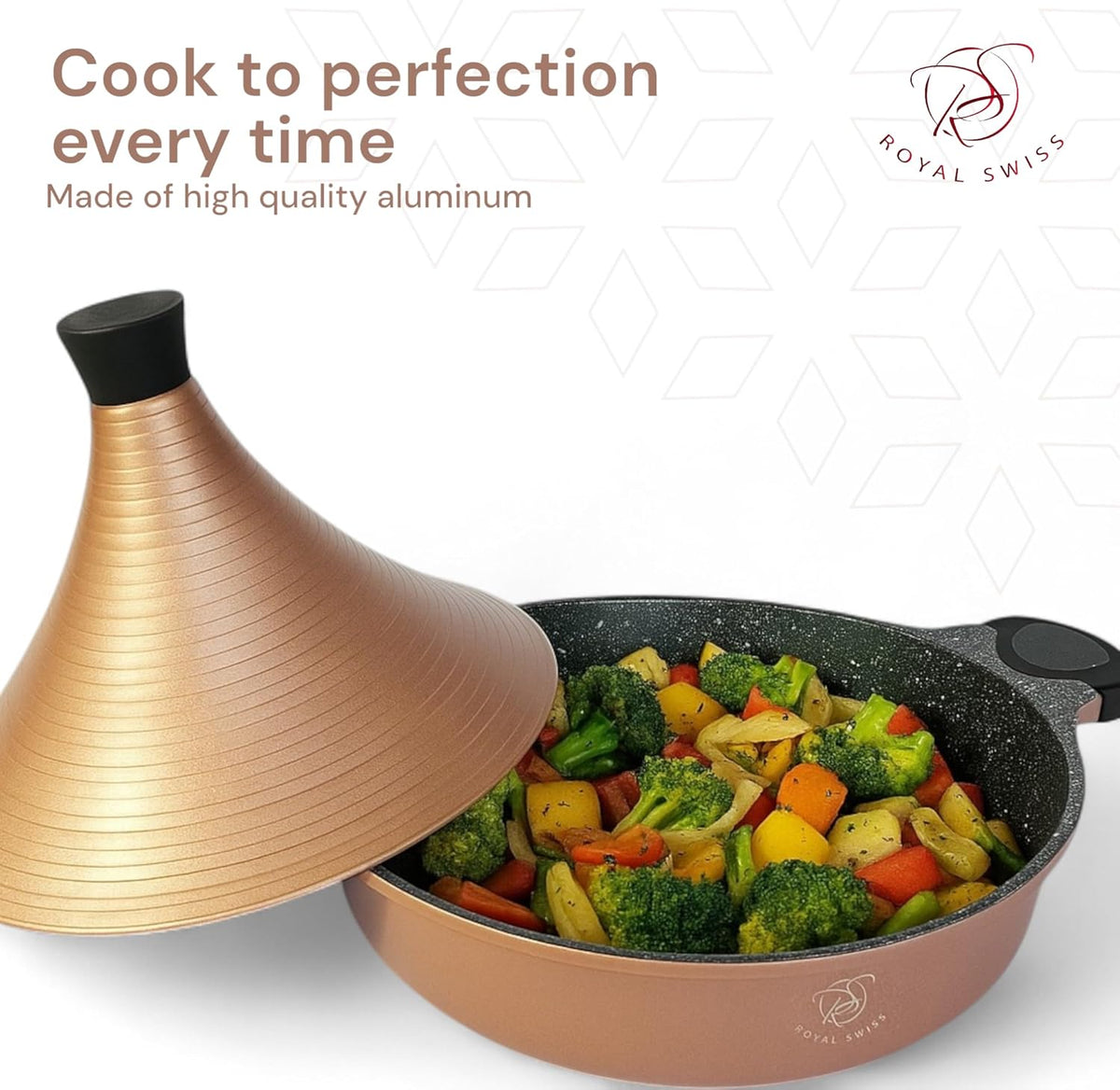 Royal Swiss Tajine Marocaine 32 cm en Aluminium – Compatible Tous Feux Dont Induction – Revêtement Antiadhésif – Couvercle Conique – Couleur Rose Gold