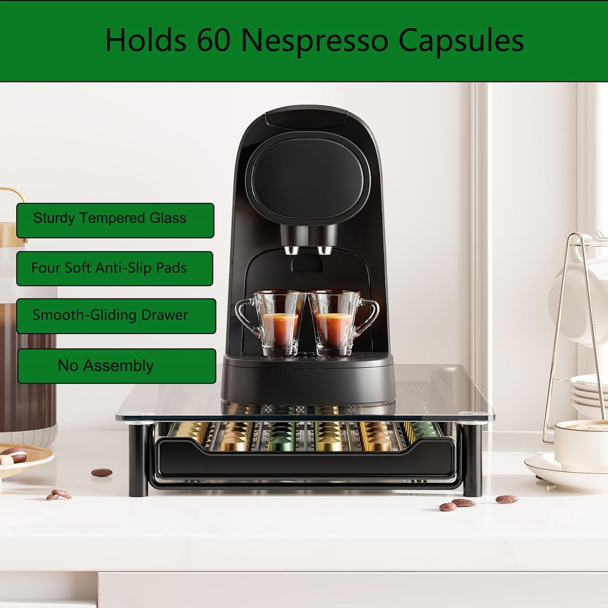 Tiroir Rangement Capsules Nespresso CHEFFINGER 60 - Verre Trempé Noir Métal