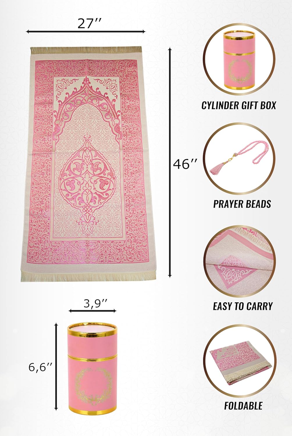 Tapis de Prière Musulman Rose avec Chapelet et Boîte Cadeau Élégante - Sajjadah Taffetas Doux 116x69cm