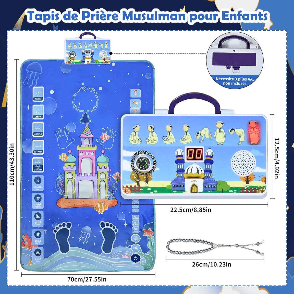 Tapis Prière Électronique Enfants 70x110cm - Interactif Tactile Coran